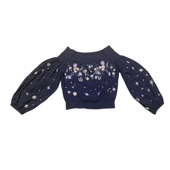 Free People Embroidered Off The Shoulder Blouse Navy Blue Floral Smocked Top S - Picture 4 of 10